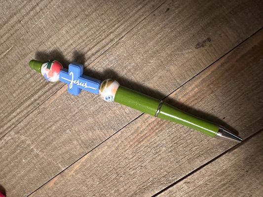 Blue Jesus Cross Green Pen